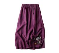 TEidea Rock Damen Stickte Schwarze Baumwoll- Und Leinenröcke, Losen Elastischen Gürtel A-Line Midi-Röcken-Lila-S