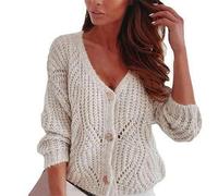 TEidea Strickjacke Damen Sommer Einzelne Strickjacke Für Frauen Aus Der Mode: Herbst Und Winter Langarmer V-Ausschnitt-Pullover Mit Hohlen Lockeren Stricken-Aprikose-M