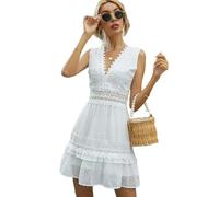 TEidea Weißes Kleid Sommer Weißes Spitzenkleid Mini Tank Kleid, Ärmellose Backless Party Kleid, Retro Muster Rüschen Rock-Weiß-L