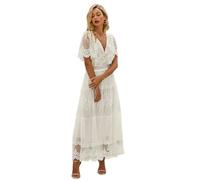 TEidea Weißes Kleid Spitzen-Abendkleid Mit V-Ausschnitt: Hohle, Lange Damenkleider Mit Kurzen Ärmeln Und Halbtransparenten Details-Weiß-M