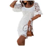 TEidea Weißes Kleid Weißes Spitzenkleid: Kurze Puffärmel, Stilvoller Crew -Hals, Rücken Reißverschluss ， Weißes Kleid Für Frauen-Weiß-M