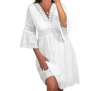 TEidea Weißes Kleid Weißes Weißes Spitzenkleid Von Frauen, V-Ausschnitt Hohler Spitzenwellenhülsenstil, Weiße Kleider, Retro-Strandstil-Weiß-M