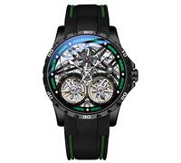 TEINTOP Armbanduhren für Herren Skelett Automatische Uhr Doppelte Unruhräder Uhren (Schwarz Grün)