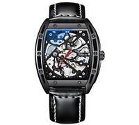 TEINTOP Chenxi Uhren für Herren Automatik Skelett Armbanduhren Leder Tonneau Uhr (Schwarz)