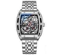 TEINTOP Chenxi Uhren für Herren Automatik Skelett Armbanduhren Leder Tonneau Uhr (Stahl Silber Schwarz)