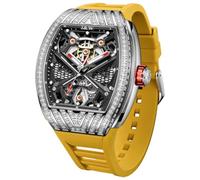 TEINTOP I&W Automatik Uhr Herren Tonneau Skelett Uhren Japanische Bewegung Armbanduhrenn (Silber Schwar Gelb Armband)