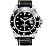 TEINTOP Loreo Automatik Uhr Herren Mechanische GMT Rotierende Lünette Lederband (Schwarz)