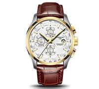 TEINTOP Multifunktionsuhren Herren Automatik Uhr Mechanische Leder Armbanduhren (Gold Weiß)