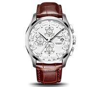 TEINTOP Multifunktionsuhren Herren Automatik Uhr Mechanische Leder Armbanduhren (Silber Weiß)