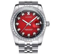 TEINTOP Sangdo Armbanduhr für Herren Automatikuhren Mechanischer Kalender mit Edelstahlband(Silber Rot)