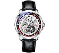 TEINTOP Skelett Uhren für Herren mit Steampunk Automatik Lederband Armbanduhren (Rot)