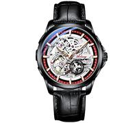 TEINTOP Skelett Uhren für Herren mit Steampunk Automatik Lederband Armbanduhren (Schwarz Rot)