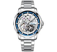 TEINTOP Skelett Uhren für Herren mit Steampunk Automatik Stahlband Armbanduhren (Blau)