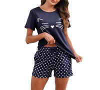 TeJoyce Damen Kurz Schlafanzug Sommer Baumwolle, Zweiteiliger Pyjama Frauen, Set Kurzarm T-Shirt mit Katze und Polka Dot Shorts mit Tasche, Bequeme und Leichte Loungewear zum Nächte S-XXL