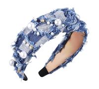 TEMPNAP Strassbesetztes Geknotetes Jeans Haarband Breit mit Perlenborte für Damen Hautpflege und Party