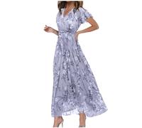 Temu Shop Kleidung Damen Kleider Für Hochzeitsgäste Damen Kleider Elegant Festlich Kleid Festlich Damen Hochzeitsgast Blumen Bedruckt Chiffon Kleid Rüschenärmel Sommerkleid Kleid Boho (Lila, Xxl)