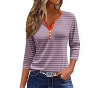 Temu Shop Kleidung Damen Longshirt Damen Lässig Für Leggings Eterna Hemden Comfort Fit Damen Tunika Sommer V-Ausschnitt Gestreifter Druck Dreiviertelarm Shirt Mit Knopfleiste Longshirt (Lila, Xl)