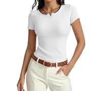 Terecey Basic Damen T-Shirt Rundhals Sexy Kontrastbündchen Top Baumwolle Stretch Oberteile Sommer Slim Fit Tshirt Bequem und Modisch Rippshirt, Frostweiß XXL