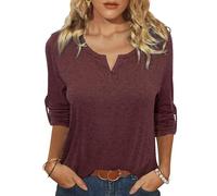 Terecey Damen Shirt 3/4 Arm Elegant T-Shirt Casual V-Ausschnitt Einfarbig Pullover Langarm Oberteil Damen Henleyshirt Tuniken Basic Tops mit Button Lässig Baumwolle Langarmshirt Weinrot L