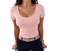 Terecey Elegante Oberteile Damen Baumwolle Rundhals Tee Kurzarm Basic Slim Fit Oberteile Eng Rippshirt Sexy Casual Tops, Rosa XL