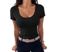 Terecey Elegante Oberteile Damen Baumwolle Rundhals Tee Kurzarm Basic Slim Fit Oberteile Eng Rippshirt Sexy Casual Tops, Schwarz XL
