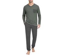 Terecey Schlafanzug Herren Lang Pyjama Set Winter Bequemes V-Ausschnitt Nachtwäsche mit Brusttasche und Pyjamahose mit Kordelzug Weiches Atmungsaktives Hausanzug für Männer, Dunkelgrau L