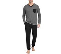 Terecey Schlafanzug Herren Lang Pyjama Set Winter Bequemes V-Ausschnitt Nachtwäsche mit Brusttasche und Pyjamahose mit Kordelzug Weiches Atmungsaktives Hausanzug für Männer, Rauchgrau M
