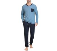 Terecey Schlafanzug Herren Lang Pyjama Set Winter Bequemes V-Ausschnitt Nachtwäsche mit Brusttasche und Pyjamahose mit Kordelzug Weiches Atmungsaktives Hausanzug für Männer, Blau S