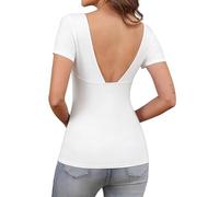 Terecey Sexy Damen Tops Eckiger Ausschnitt Short Sleeve Shirts Rückenfreies Geripptes Enges Oberteil Slim Fit Basics Stretch Sommer Rippshirt Weiß XXL