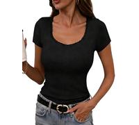 Terecey Shirt Damen Basic Baumwolle Kurzarm Crop Top Casual Y2K Rundhals Oberteile Slim Fit Tshirts Rippshirt, Tiefschwarz XXL