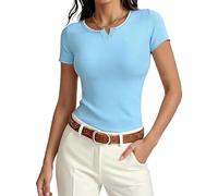 Terecey Slim Fit T-Shirt Damen Basic Slim Fit Rippshirt V-Ausschnitt Kurzarm Sommer Oberteile mit Kontrastfarben - Sexy Stretch Tops Frauen Baumwolle Kurzarmshirt, Himmelblau XXL