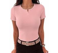 Terecey Slim Fit T-Shirt Damen Basic Slim Fit Rippshirt V-Ausschnitt Kurzarm Sommer Oberteile mit Kontrastfarben - Sexy Stretch Tops Frauen Baumwolle Kurzarmshirt, Karamellrosa XL