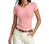 Terecey T-Shirt Damen Slim Fit V-Ausschnitt Basic Shirt Stretch Elegant Tops Sommer Casual Einfarbig Tee Sexy Oberteile Kurzarm Rippshirt, Karamellrosa M
