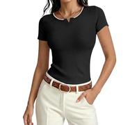Terecey T-Shirt Damen Slim Fit V-Ausschnitt Basic Shirt Stretch Elegant Tops Sommer Casual Einfarbig Tee Sexy Oberteile Kurzarm Rippshirt, Jade Schwarz XL