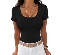 Terecey Tshirt Damen Baumwolle Sommer Basic Top Rippshirt Kurzarm Elegant Henley Shirts Stretch Einfarbig Tshirt Frauen, Schwarz XXL