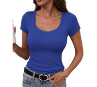 Terecey Tshirt Damen Slim Fit Tops Sommer Sexy Kurzarm Ribbed Tee S-XXL | 92 % Baumwolle, 8 % Elastan, Elegant Stretch Oberteile , gerippt mit Spitzensaum für Alltag, Büro, Urlaub und Freizeit