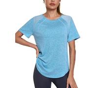 Terecey Wander Shirt Damen Lang Rundhals Atmungsaktiv Funktionsshirt Leichtes UV-Sonnenschutz Sport Oberteile Frauen Workout Fitness Top, Blau XL
