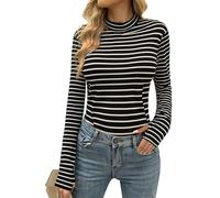 Terecey Winter Damen Rollkragenpullover Langarm Baumwollshirt Dünn Thermo Figurbetont Schwarz Streifen XXL