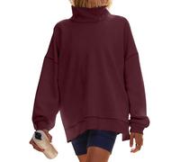 TERIVEEK Damen-Sweatshirt mit Stehkragen, Übergröße, Fleece, Rollkragen, lange Ärmel, lockere Passform, überschnittene Schultern, Weinrot, M