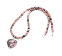 Tesselite Naturstein herzförmige 4 mm runde Perlen Halskette Persönlichkeit einfache grüne Aventurin rote Stein Pullover Kette Unisex Herbst und Winter All-Match-Stil, Rhodonit, Einheitsgröße