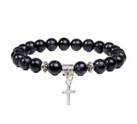 Tesselite Stein-Armband - Naturholz-Stein-Perlenarmband, Kreuz-Anhänger, Charm-Armband, schwarzes Glas, Lavastein-Armband für Männer und Frauen, Yoga-Armreif, Schwarz-Türkis, Einheitsgröße