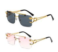 TETHY Vintage Square Eyewear Damen Herren Randlose Sonnenbrille mit Löwendekor Rahmenlose Trendige Sonnenbrille mit Farbverlauf (A+D)