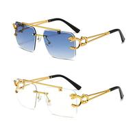 TETHY Vintage Square Eyewear Damen Herren Randlose Sonnenbrille mit Löwendekor Rahmenlose trendige Sonnenbrille mit Farbverlauf (F+G)