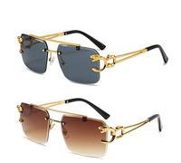 TETHY Vintage Square Eyewear Damen Herren Randlose Sonnenbrille mit Löwendekor Rahmenlose trendige Sonnenbrille mit Farbverlauf (A+C)