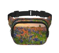 Texas Bluebonnets Scenery Quadratische doppellagige Hüfttasche mit verstellbarem Riemen, Laufen, Reisen, Wandern, Schwarz , Einheitsgröße