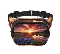 Texas Sunset Bluebonnets Scenery Quadratische doppellagige Hüfttasche mit verstellbarem Riemen, Laufen, Reisen, Wandern, Schwarz , Einheitsgröße