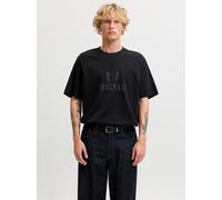 Rundhalsshirt JACK & JONES "JORFREDERIKSBERG MONOGRAM TEE SS CN SN", Herren, Gr. L, schwarz, Jersey, Obermaterial: 100% Baumwolle, bedruckt, relaxed fit normal, Rundhals, gerader Abschluss, Shirts Run
