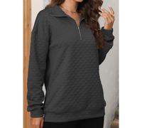 Texturiertes graues Blusen-Top mit halber Reißverschluss, langarm, Größen S-XXL