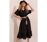 Texturiertes Midikleid mit Gürtel und Hemdkragen