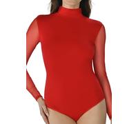 Teyli Bodys für Damen - Women Bodysuit aus hochwertigem Material - Taillierter Langarm Body mit Rollkragen - Eleganter Spitzenbody - Figurbetonte Unterwäsche für Sie Rot S